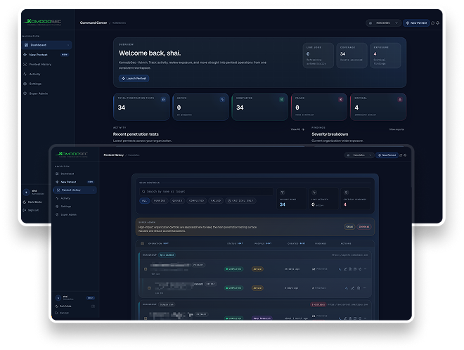 AigentX-Dashboard von KomodoSec – Übersicht über Sicherheits-Assessments